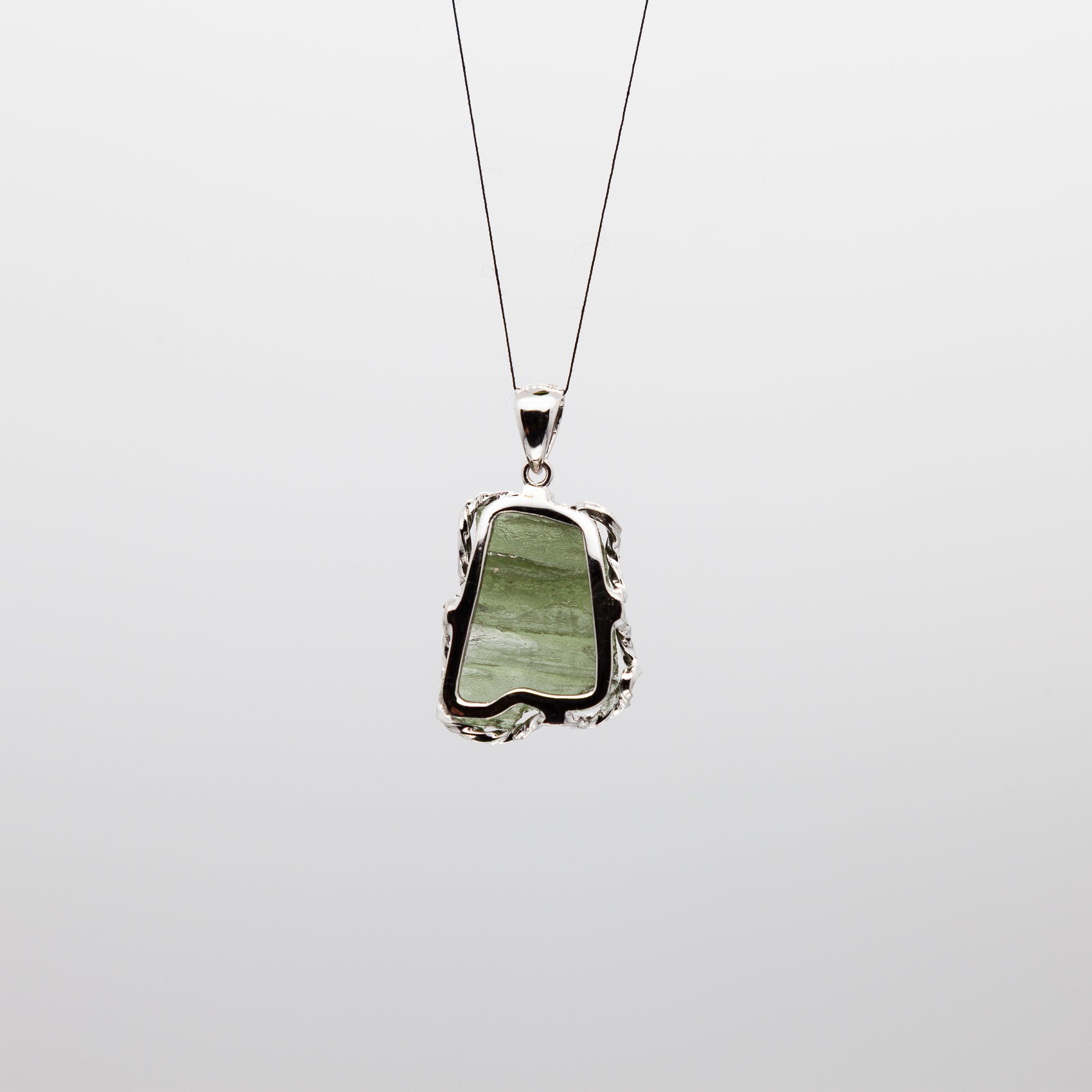 Moldavite Rough Pendant | Free-Form & Rhodium Plated Silver Bezel | A Piece of Cosmic History