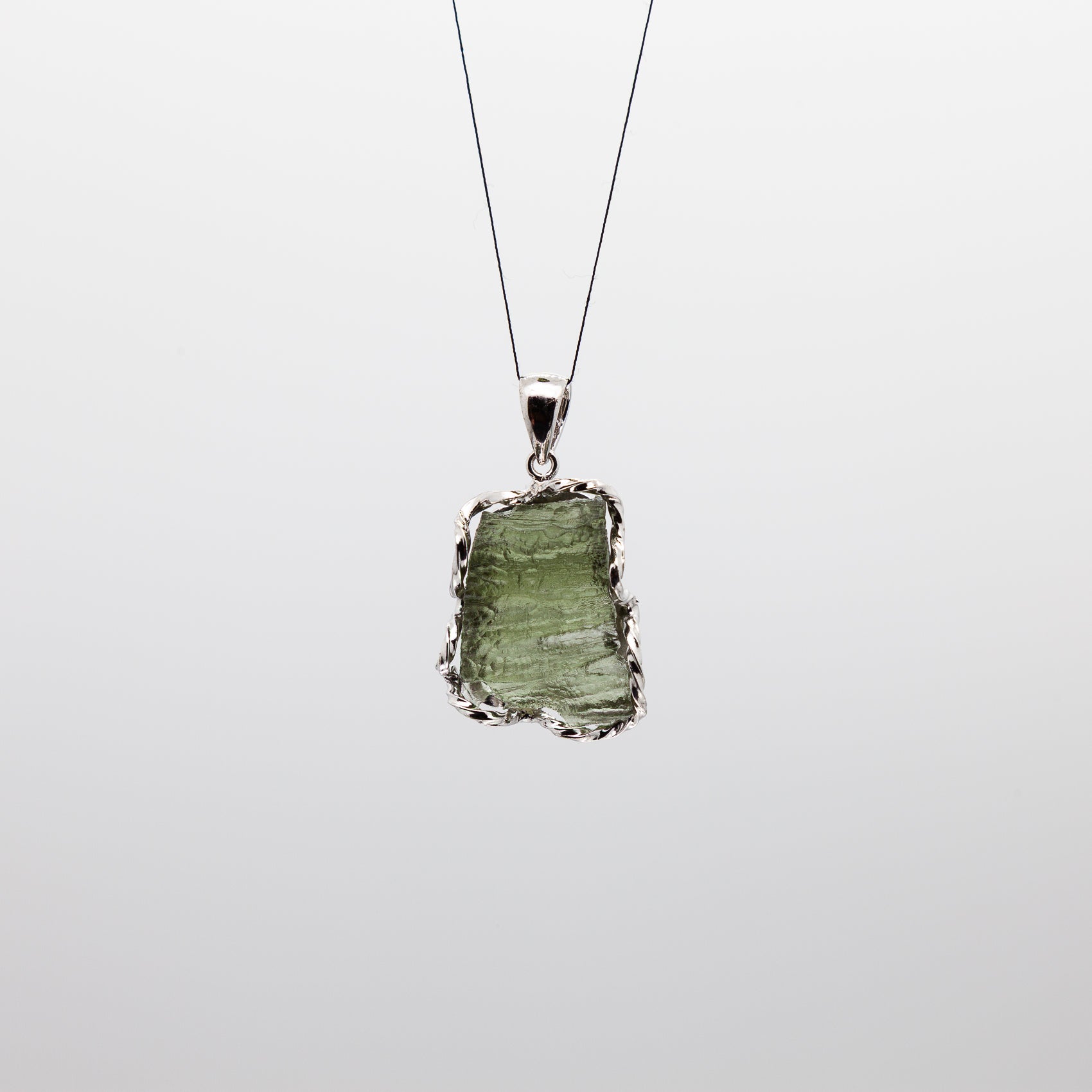 Moldavite Rough Pendant | Free-Form & Rhodium Plated Silver Bezel | A Piece of Cosmic History