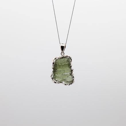 Moldavite Rough Pendant | Free-Form & Rhodium Plated Silver Bezel | A Piece of Cosmic History