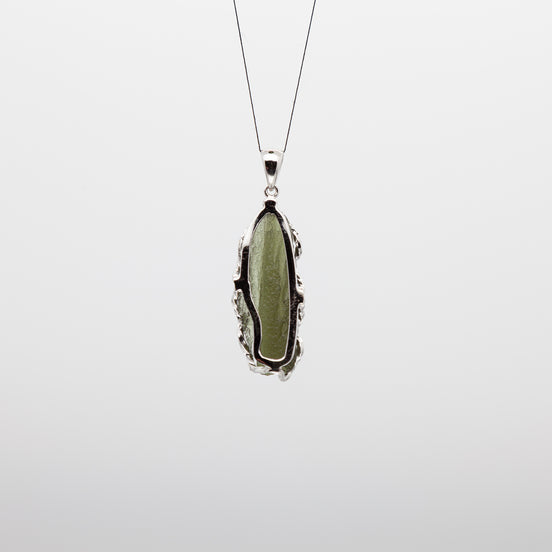 Moldavite Rough Pendant | Free-Form & Rhodium Plated Silver Bezel | A Piece of Cosmic History