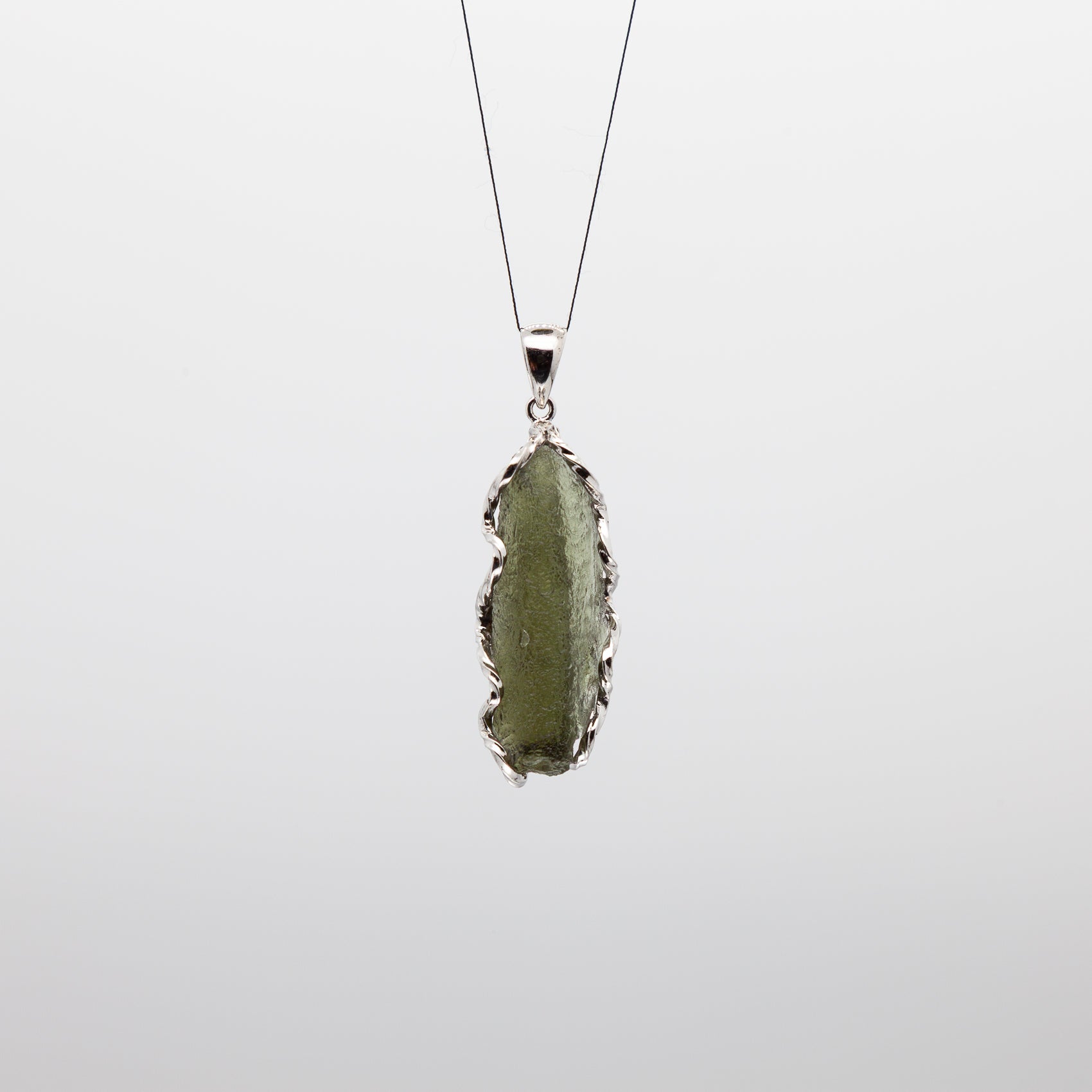 Moldavite Rough Pendant | Free-Form & Rhodium Plated Silver Bezel | A Piece of Cosmic History