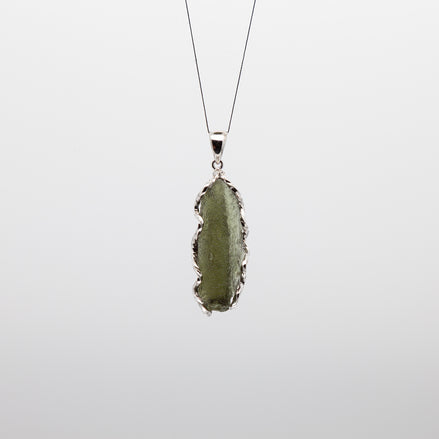 Moldavite Rough Pendant | Free-Form & Rhodium Plated Silver Bezel | A Piece of Cosmic History