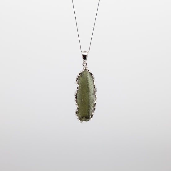 Moldavite Rough Pendant | Free-Form & Rhodium Plated Silver Bezel | A Piece of Cosmic History